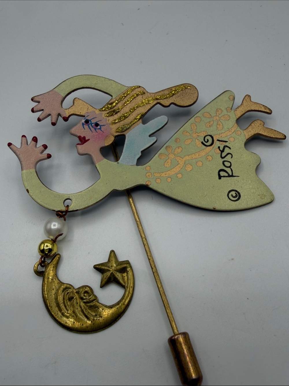 Karen Rossi Signed Whimsical Fairy stick Pin Moon Star Charm Dangle VTG